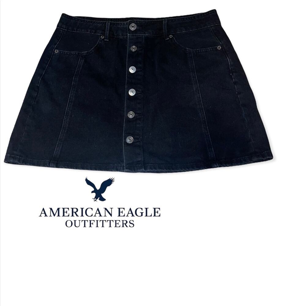 American Eagle Black Denim Button Fly Skirt sz 10